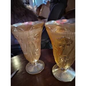 Jeannette Glass Company Marigold Carnival Glass Iris & Herringbone pattern vase.